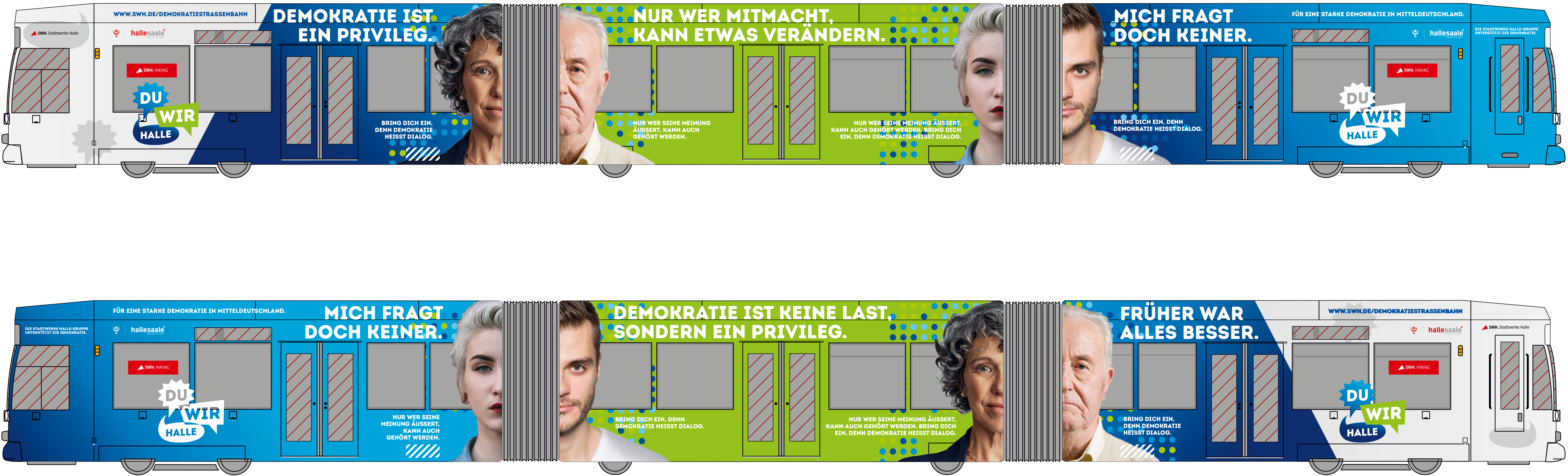 Die Grafik zeigt zwei Entwürfe der blau-grünen Demokratiestraßenbahn. Auf der oberen Grafik ist die eine Seite der Straßenbahn zu sehen, die vier halbe Gesichter und die Aufschriften "Demokratie ist ein Privileg", "Nur wer mitmacht, kann etwas verändern" und "Mich fragt doch keiner" zeigt. Auf der anderen Seite der Straßenbahn sind die gleichen vier Gesichthälften zu sehen, mit den Aufschriften "Mich fragt doch keiner", "Demokratie ist keine Last, sondern ein Privileg" und " Früher war alles besser".