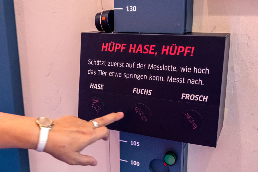 Eine Nahaufnahme einer Hand, die auf einen Kasten zeigt. Auf dem schwarzen Kasten steht in rot "Hüpf Hase, hüpf!". Darunter sind 3 Knöpfe, die mit Hase, Fuchs und Frosch beschriftet sind.